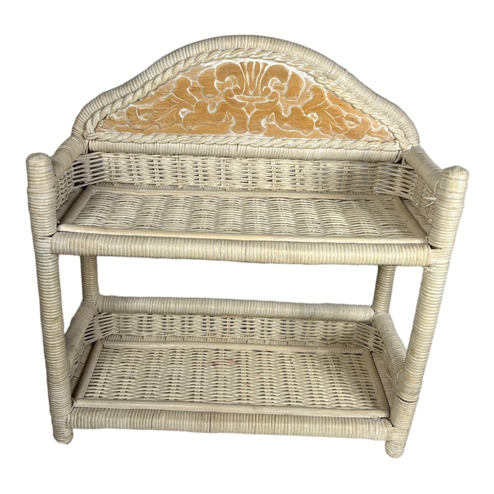Vintage Cream and Gold Wicker Two-Tier Shelf